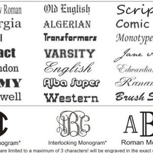 May include: A black and white image showcasing various font styles, including Times New Roman, Arial, and Impact. The image also displays three monogram styles: Circle, Interlocking, and Roman, with the text "ABC" in each. Text at the bottom states monograms are limited to 3 characters.