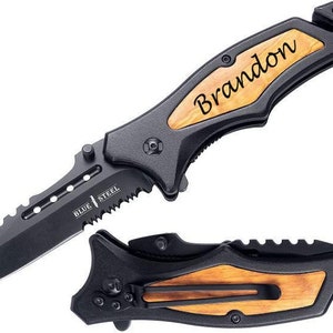 Personalized Blue Steel Pocket Knife: Laser Engraved Wood Handle