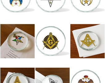 Round Crystal Glass Paperweight – Masonic Regalia, OES Past Matron, Shriner, 32nd & 33rd Degree Scottish Rite, Past Master