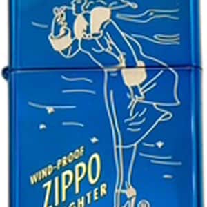 May include: Blue Zippo windproof lighter with a white outline illustration of a woman in a long coat and heels. The lighter has the words "WIND-PROOF ZIPPO LIGHTER" in a stylized font.