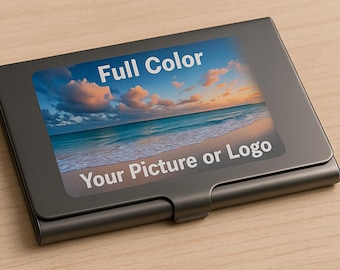 Tarjetero de acero inoxidable color gris plomo con foto o logotipo a todo color personalizado