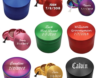 May include: Nine different metal grinders with personalized names and dates. The grinders are in various colors, including blue, red, green, pink, gold, black, and rainbow.