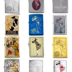 May include: A collection of Zippo lighters with various designs. Some lighters feature the "Zippo Lady" in different poses, while others showcase vintage illustrations and text. The lighters come in silver, gold, and blue finishes.