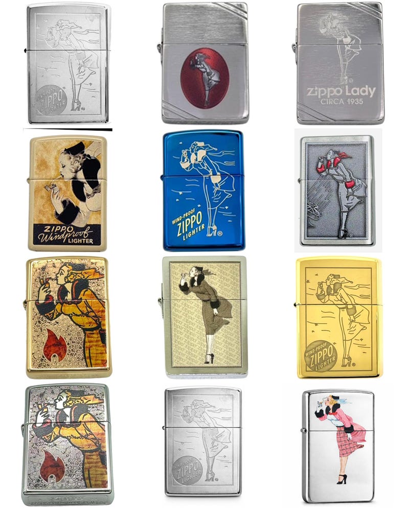 May include: A collection of Zippo lighters with various designs. Some lighters feature the "Zippo Lady" in different poses, while others showcase vintage illustrations and text. The lighters come in silver, gold, and blue finishes.