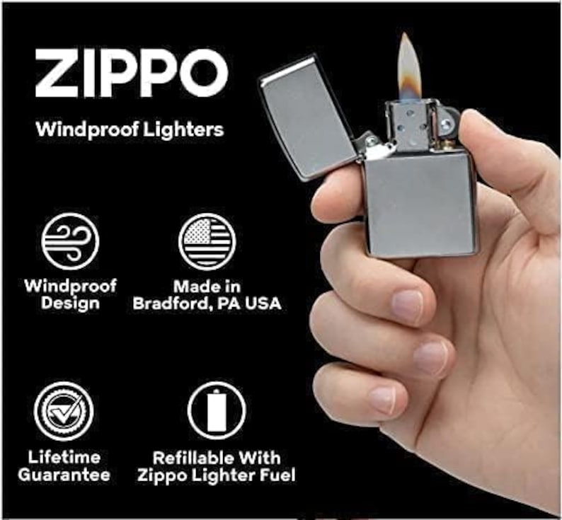 May include: A silver Zippo windproof lighter with a flame coming out of the top. The lighter is refillable with Zippo lighter fuel and has a lifetime guarantee. The lighter is made in Bradford, PA USA.