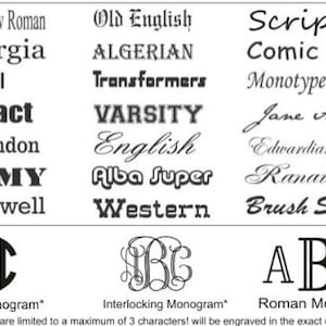 May include: A chart of different font styles, including Times New Roman, Georgia, Arial, Impact, Clarendon, Army, Rockwell, Old English, Algerian, Transformers, Varsity, English, Alba Super, Western, Script, Comic Sans, Monotype Corsiva, Jane Austen, Edwardian Script, Renaissance, and Brush Script. The chart also shows three different monogram styles: Circle Monogram, Interlocking Monogram, and Roman Monogram. The text below the chart states that monograms are limited to a maximum of 3 characters and will be engraved in the exact order requested.