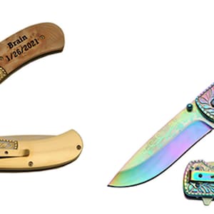 Personalized Laser Engraved Burlwood Pocket Knife: Rose Vine Stainless Steel Blade