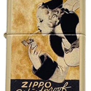 May include: A vintage Zippo Windproof Lighter with a cream-colored case. The lighter features a retro illustration of a woman lighting a cigarette. The Zippo logo and "Windproof Lighter" text are displayed in a black rectangle.