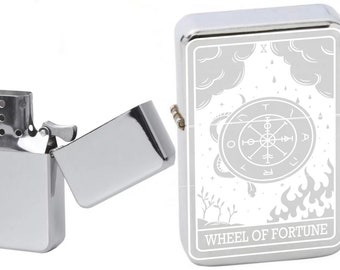 Wheel of Fortune Tarot Card Lighter: Laser Engraved Chrome Windproof