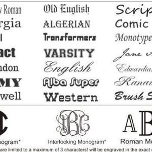Pu&ograve; includere: Un grafico con diversi stili di font, tra cui Times New Roman, Georgia, Arial, Impact, Clarendon, Army, Rockwell, Old English, Algerian, Transformers, Varsity, English, Alba Super, Western, Script, Comic Sans, Monotype Corsiva, Jane Austen, Edwardian Script, Renaissance e Brush Script. Il grafico mostra anche tre diversi stili di monogramma: Monogramma circolare, Monogramma intrecciato e Monogramma romano. Il testo sotto il grafico indica che i monogrammi sono limitati a un massimo di 3 caratteri e saranno incisi nell'ordine esatto richiesto.