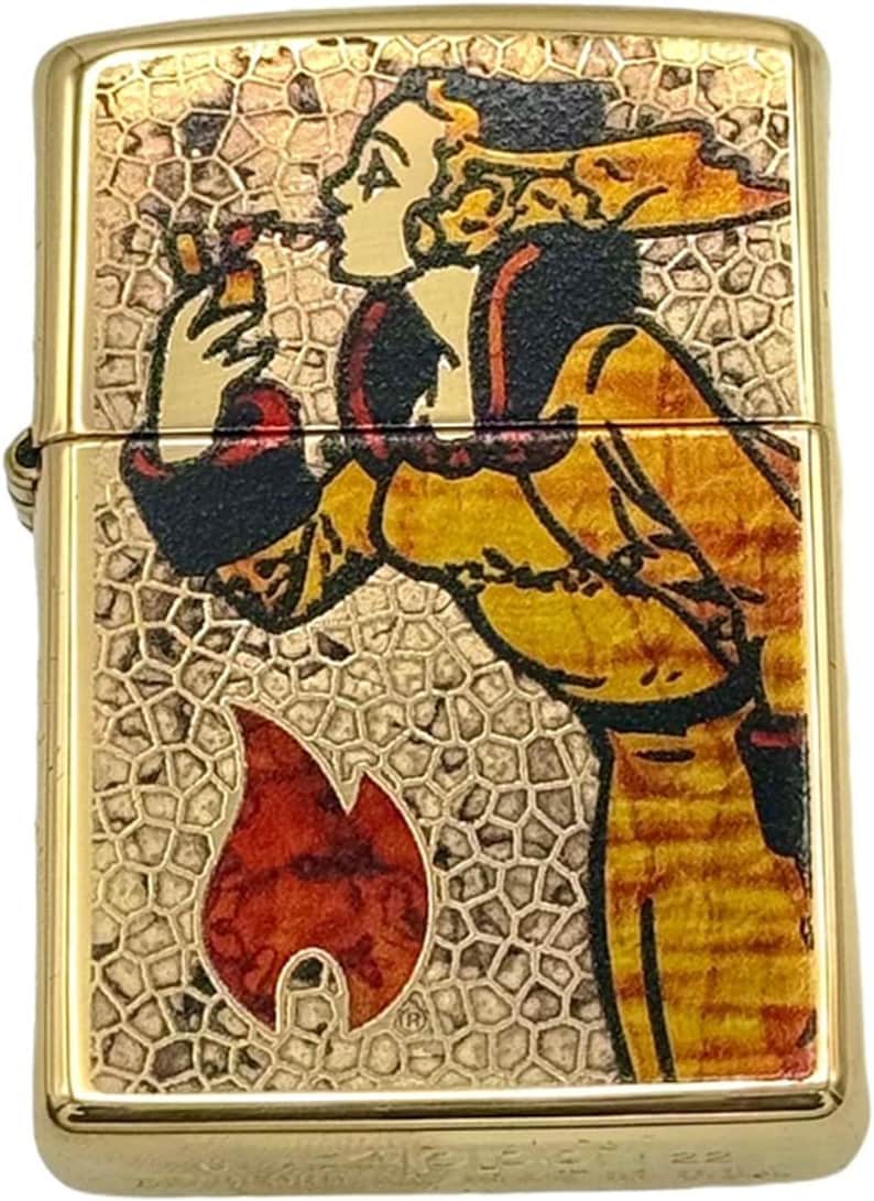 May include: A gold-colored lighter with a detailed illustration. The design features a figure in yellow and black attire, smoking a pipe, set against a textured background. A red flame graphic is at the bottom.