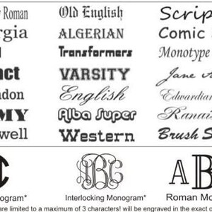 May include: A chart of different font styles, including Times New Roman, Georgia, Arial, Impact, Clarendon, Army, Rockwell, Old English, Algerian, Transformers, Varsity, English, Alba Super, Western, Script, Comic Sans, Monotype Corsiva, Jane Austen, Edwardian Script, Renaissance, and Brush Script. The chart also shows three different monogram styles: Circle Monogram, Interlocking Monogram, and Roman Monogram. The text below the chart states that monograms are limited to a maximum of three characters and will be engraved in the exact order requested.