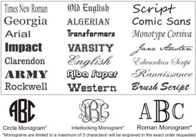 May include: A chart of different font styles, including Times New Roman, Georgia, Arial, Impact, Clarendon, Army, Rockwell, Old English, Algerian, Transformers, Varsity, English, Alba Super, Western, Script, Comic Sans, Monotype Corsiva, Jane Austen, Edwardian Script, Renaissance, and Brush Script. The chart also shows three different monogram styles: Circle Monogram, Interlocking Monogram, and Roman Monogram. The text below the chart states that monograms are limited to a maximum of three characters and will be engraved in the exact order requested.
