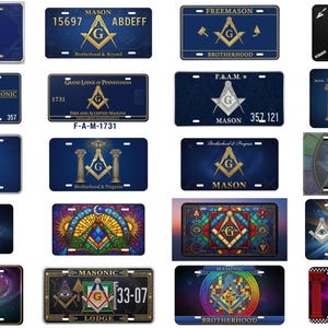 May include: A collection of license plates featuring Masonic symbols. The plates are predominantly blue, with gold and white accents. Various designs include the square and compass, pillars, and text such as "Freemason" and "Brotherhood".