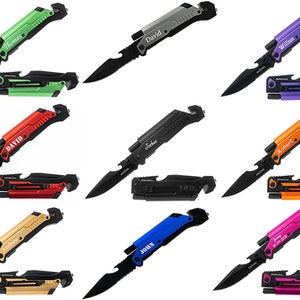 May include: Twelve multi-colored pocket knives with black blades and a variety of tools. Each knife has a personalized name engraved on the handle. The names include Thomas, David, William, Robert, Andrew, John, and others.