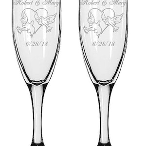 Gifts Infinity® 2 Engraved Wedding Hearts With Dove Champagne Flutes Personalized Toasting Glasses