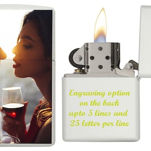 Custom Zippo Classic White matt Lighter! Personalize Zippo Lighter with Your Photo, Image or Logo and engraving on the back! Customized