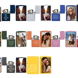 May include: A collection of personalized lighters in various colors, each featuring a photo or custom engraving. The lighters are displayed open and closed, showcasing the design options. Some lighters have photos of couples, while others have text.