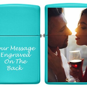 Custom Zippo Classic Flat Turquoise Lighter! Personalize Zippo Lighter with Your Photo, Image or Logo and engraving on the back! Customized