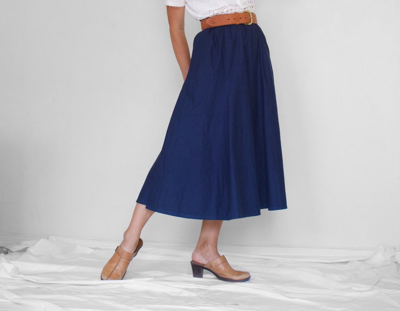 Long Denim Skirt Elastic Waist Denim Skirt Long Blue Skirt Long Chambray Skirt Pockets Denim Midi Skirt Denim Maxi Skirt image 1