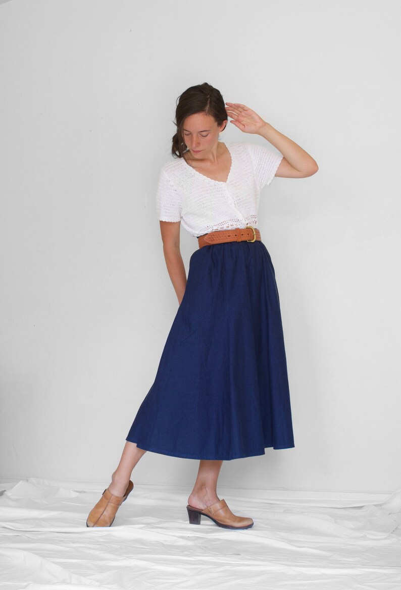 Long Denim Skirt Elastic Waist Denim Skirt Long Blue Skirt Long Chambray Skirt Pockets Denim Midi Skirt Denim Maxi Skirt image 2