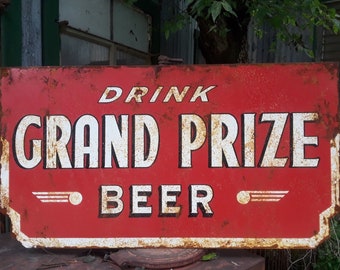 Grand Prize Beer Sign Hand Painted Antique Replica 24&quot; x 44.5&quot;