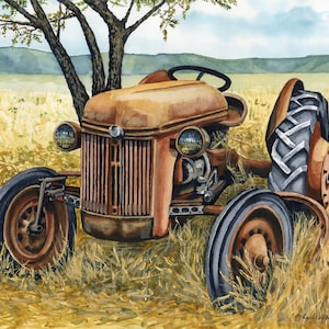 May include: A rusty orange tractor sits in a field of tall, dry grass. The tractor has a large, black tire on the right side and a smaller, black tire on the left side. The tractor is partially obscured by a tree on the right side of the image.