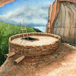 May include: Watercolour painting depicting a circular structure with a ladder, set against a backdrop of a blue sky and green hills. The structure is made of red bricks and has wooden beams. The text "BANDELIER KIVA" is visible.