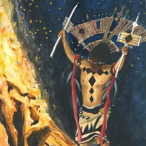 May include: A watercolor painting of a Native American dancer wearing a headdress and holding two staffs. The dancer is standing in front of a large fire, with a starry night sky in the background.