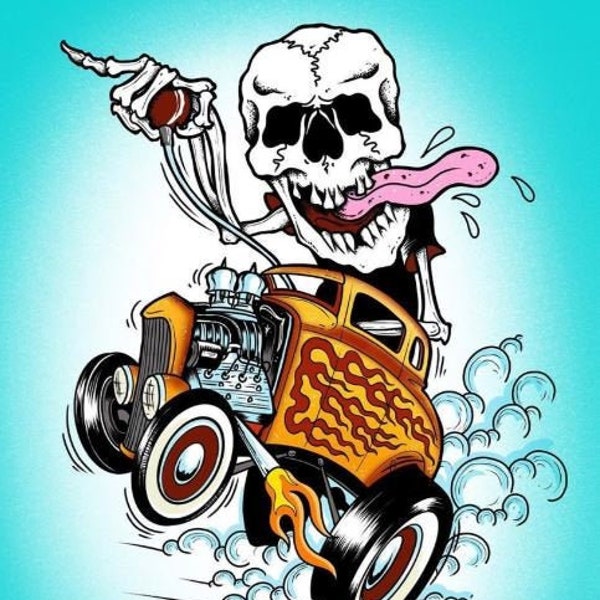 Neotraditional Hot Rod Skull Tattoo Flash Print Wall Art