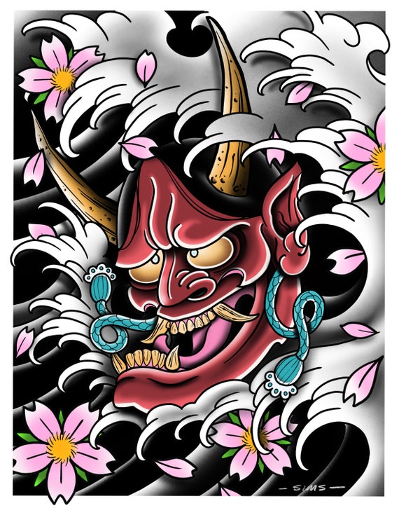 Hannya Mask Japanese Demon Tattoo Flash Wall Art Etsy