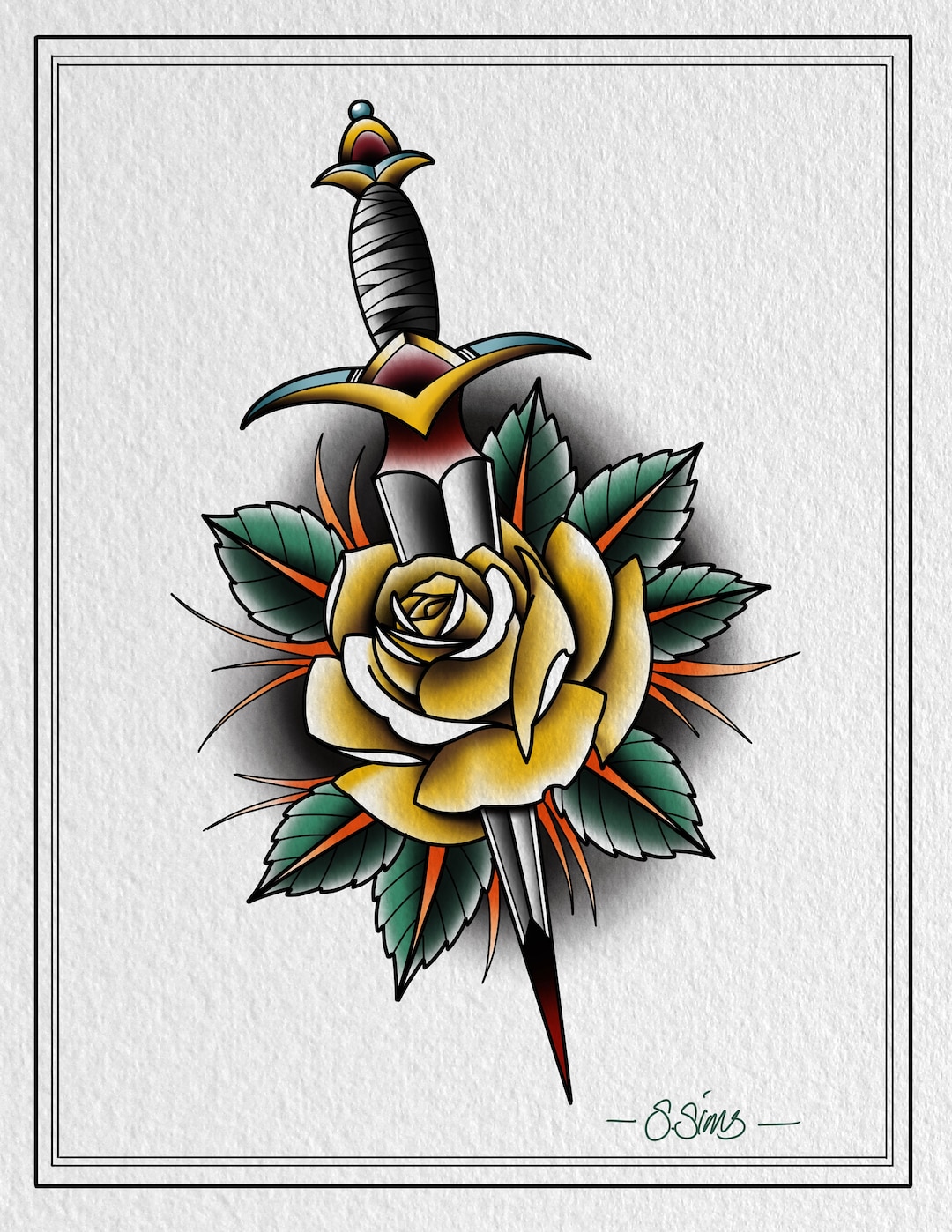 Yellow Rose Dagger Traditional Tattoo Flash Print Wall Art Etsy
