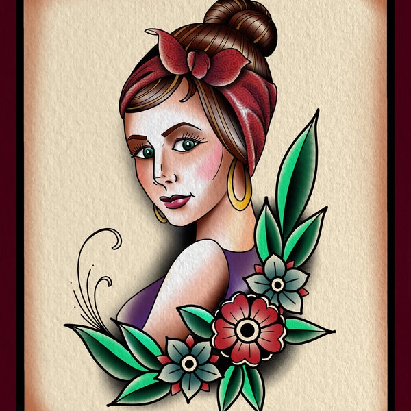 Rockabilly Girl Traditional Pinup Print Tattoo Flash Wall Art