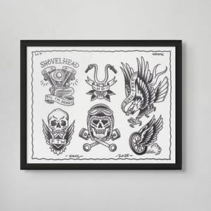 May include: Black framed print featuring traditional tattoo flash art. The artwork includes a motorcycle engine, eagle, skull with wings, and a skull wearing a pilot's helmet. Text includes "Shovelhead", "Born Free", "FTW", and "Til I'm Dead!"