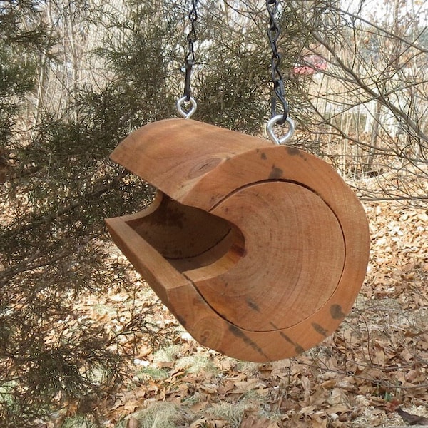 Bird Feeder, Medium Smooth Wood Wild Cherry Bird Feeder, The Original Natural Log Seed Feeder