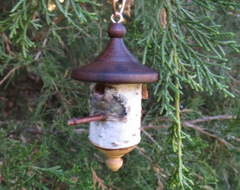 Birdhouse Ornament, Unique White Birch and Black Walnut Turned Wood  Christmas Ornament