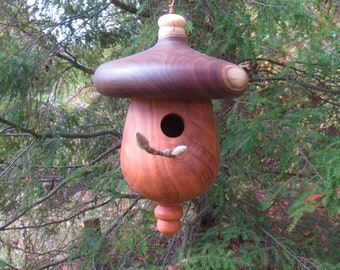 Birdhouse, Unique Hand Turned Outdoor Acorn Birdhouse, Black Walnut and Cherry,  Garden Decoration