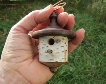 Birdhouse Ornament, Unique Large White Birch and Black Walnut Turned Wood  Christmas Ornament