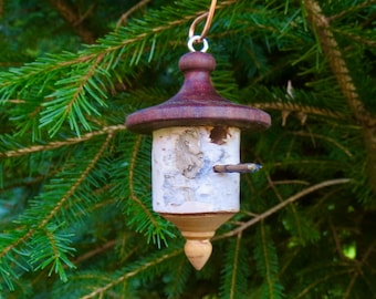 Birdhouse Ornament - Unique Ornament - White Birch - Black Walnut - Turned Wood Ornament - Christmas Ornament - Upcycled Ornament