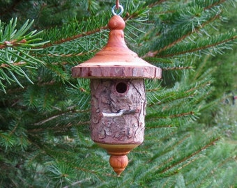 Birdhouse Ornament, Turned Rustic Bark Wood Ornament,  Christmas Ornament, Holiday Decor