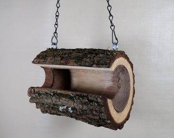 Hanging Walnut Log Bird Feeder, Rustic Medium Birdfeeder, The Original Natural Log Seed Feeder