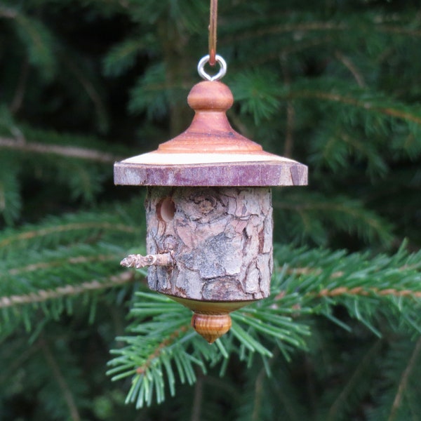Birdhouse Ornament, Turned Rustic Bark Wood Ornament, Unique Ornament, Christmas Ornament, Holiday Decor,  Rustic Ornament