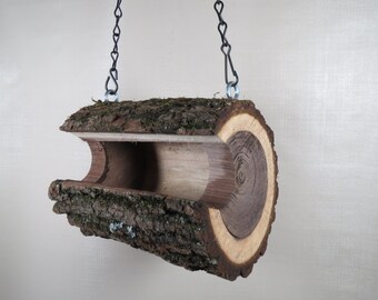 Bird Feeder, Hanging Black Walnut Log Bird Feeder,  Medium Small Feeder, Natural Garden Decoration