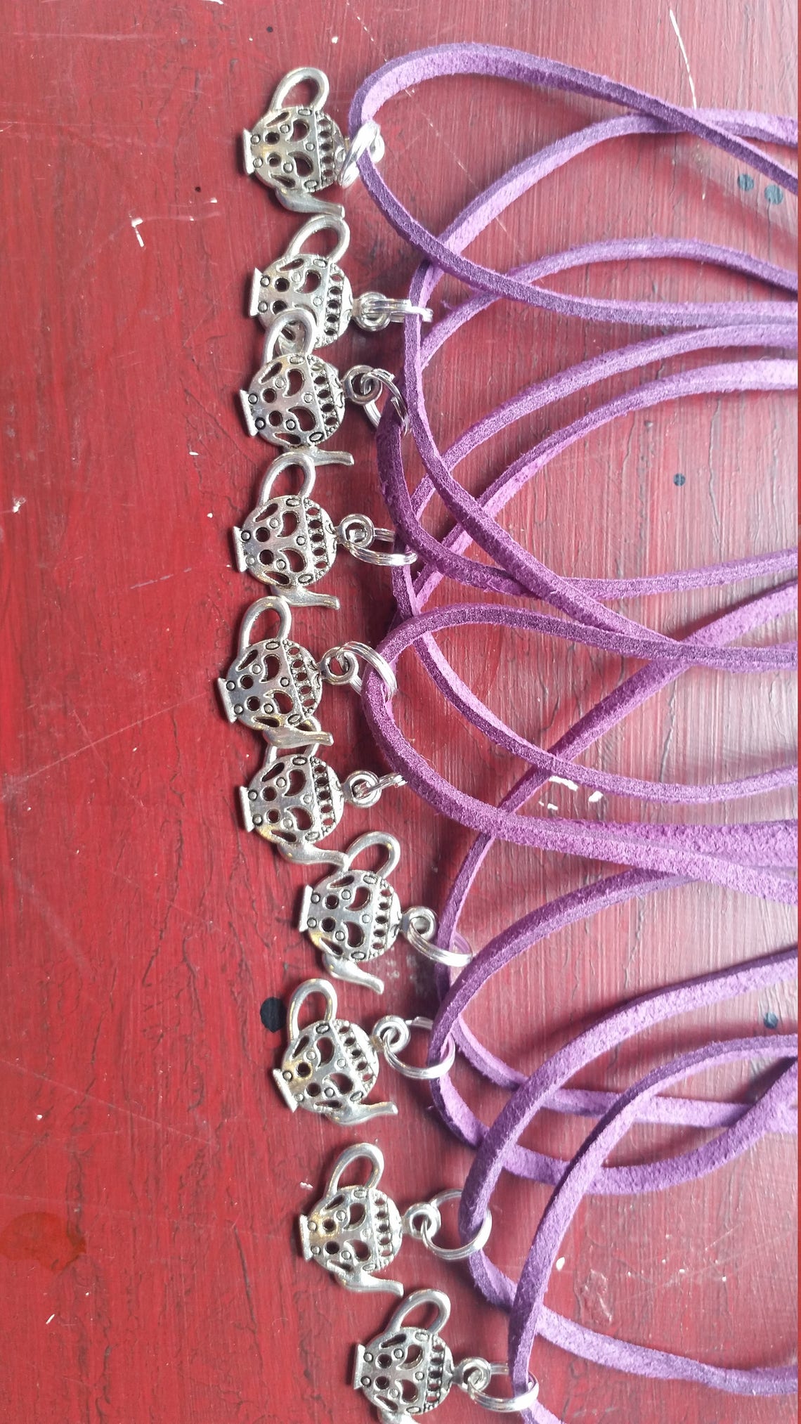 Lot of 10 Necklaces Party Favors Tea Party Teapot Charms Purple Suede