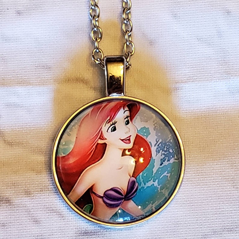 Disney/'s Ariel Necklace Glass Tile Little Mermaid Free Shipping