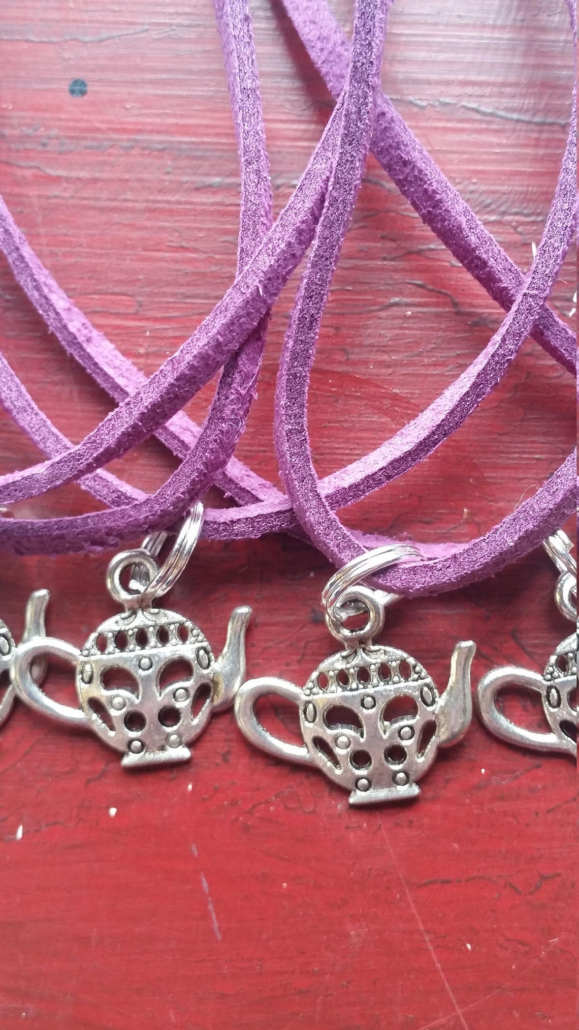 Lot of 10 Necklaces Party Favors Tea Party Teapot Charms Purple Suede
