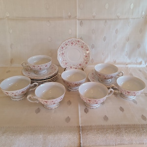 Vintage Mitterteich Bavaria German China, Set of 8 Lady Claire Footed Cup & Saucer Set, Floral China, Pink Roses