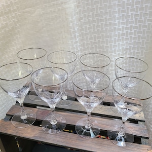 Vintage Fostoria Love Song Crystal Wine Goblets - Platinum Rim, Etched Glass, Set of 8