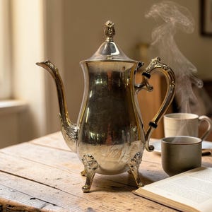 May include: A silver-colored tea or coffee pot with ornate detailing, including a decorative handle and feet. Steam rises from the pot, suggesting a hot beverage. The pot sits on a wooden table with a book and two cups.