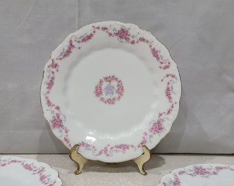 Set of 3 Vintage L Straus & Sons China, Lunch Plate, Pattern 330, Pink Roses, Lavender Flowers, Gold Trim Pattern